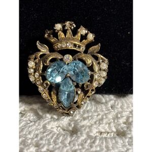 Vintage Coro Gold Tone Blue Rhinestone Crowned Heart Brooch Pin – As Is Repair